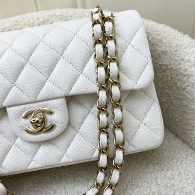 Chanel Small Classic Flap CF in White Caviar and LGHW (Model: A01113)