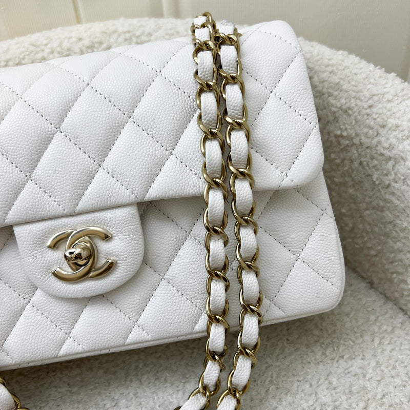 Chanel Small Classic Flap CF in White Caviar and LGHW (Model: A01113)