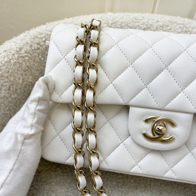 Chanel Small Classic Flap CF in White Caviar and LGHW (Model: A01113)