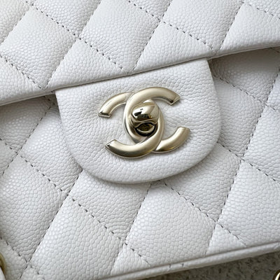 Chanel Small Classic Flap CF in White Caviar and LGHW (Model: A01113)