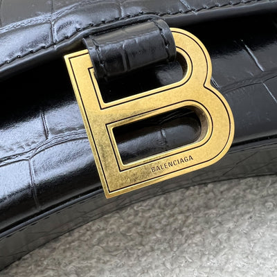 Balenciaga Hourglass XS Top Handle Handbag in Black Crocodile Embossed Calfskin and AGHW