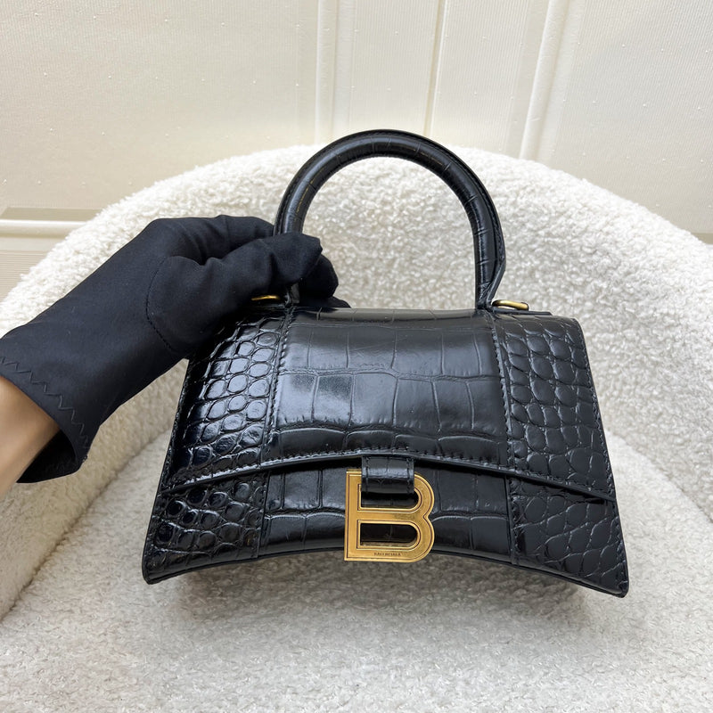 Balenciaga Hourglass XS Top Handle Handbag in Black Crocodile Embossed Calfskin and AGHW
