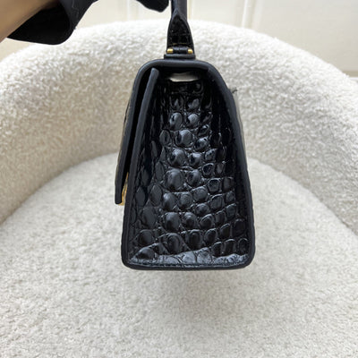 Balenciaga Hourglass XS Top Handle Handbag in Black Crocodile Embossed Calfskin and AGHW