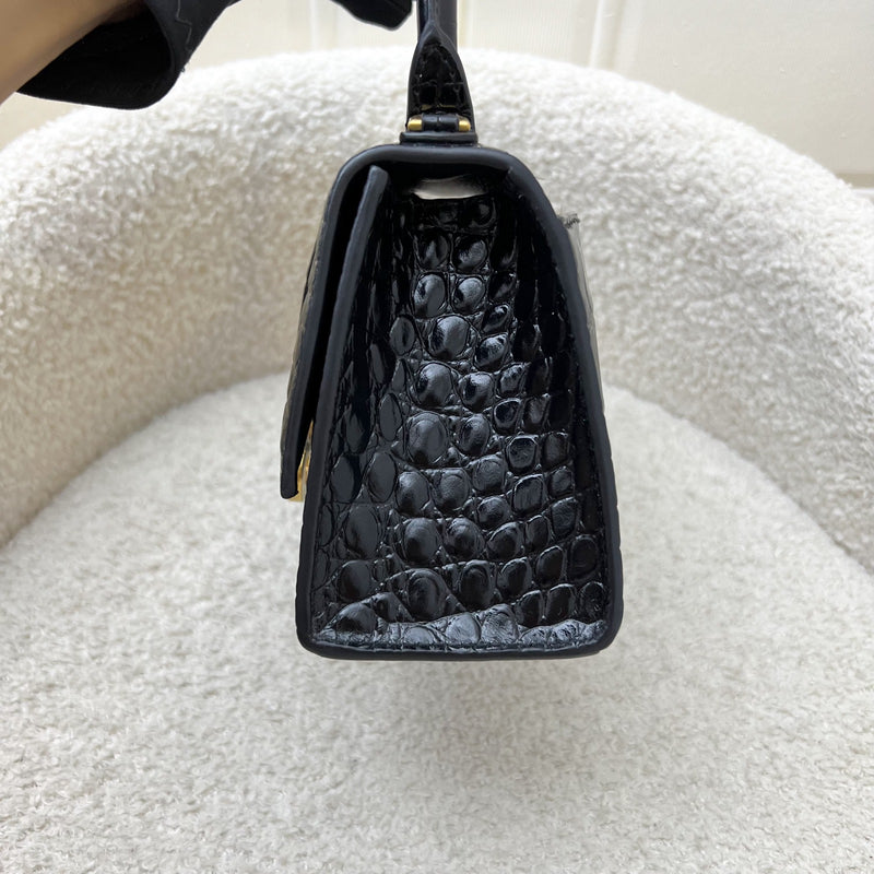 Balenciaga Hourglass XS Top Handle Handbag in Black Crocodile Embossed Calfskin and AGHW