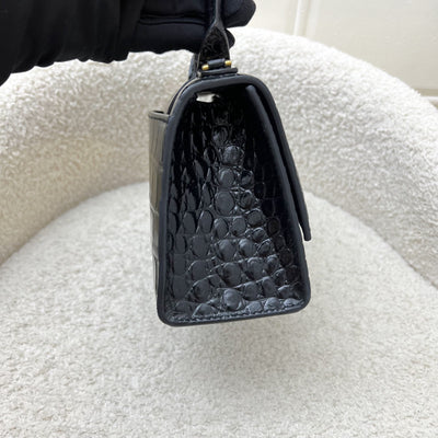 Balenciaga Hourglass XS Top Handle Handbag in Black Crocodile Embossed Calfskin and AGHW