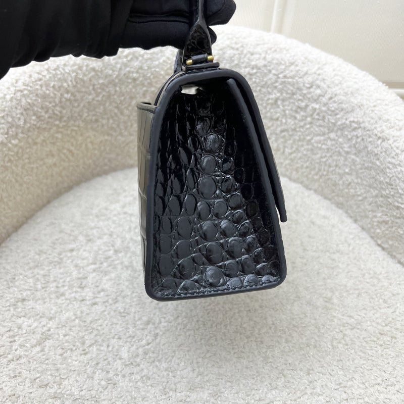 Balenciaga Hourglass XS Top Handle Handbag in Black Crocodile Embossed Calfskin and AGHW