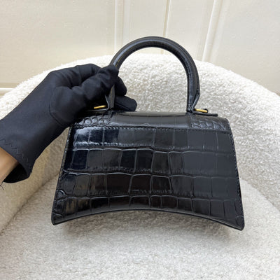 Balenciaga Hourglass XS Top Handle Handbag in Black Crocodile Embossed Calfskin and AGHW