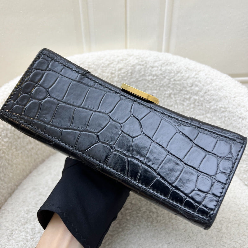 Balenciaga Hourglass XS Top Handle Handbag in Black Crocodile Embossed Calfskin and AGHW