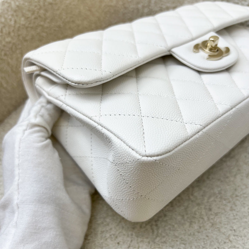 Chanel Small Classic Flap CF in White Caviar and LGHW (Model: A01113)