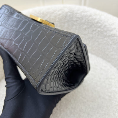 Balenciaga Hourglass XS Top Handle Handbag in Black Crocodile Embossed Calfskin and AGHW