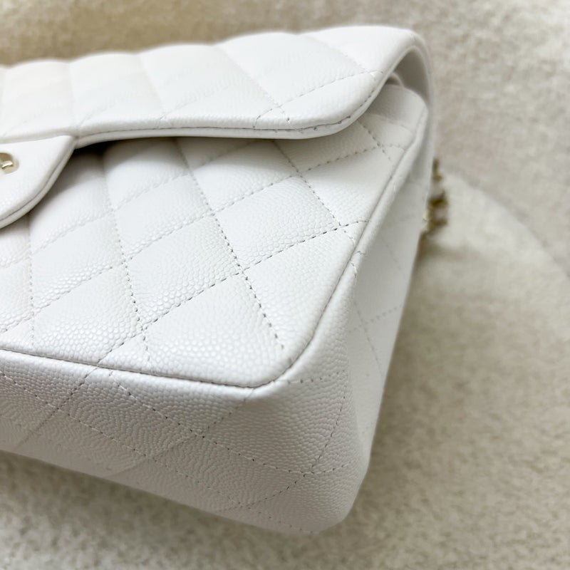 Chanel Small Classic Flap CF in White Caviar and LGHW (Model: A01113)