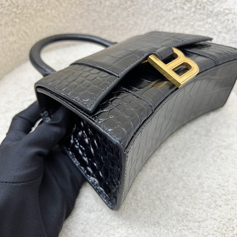 Balenciaga Hourglass XS Top Handle Handbag in Black Crocodile Embossed Calfskin and AGHW