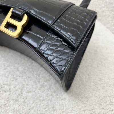 Balenciaga Hourglass XS Top Handle Handbag in Black Crocodile Embossed Calfskin and AGHW