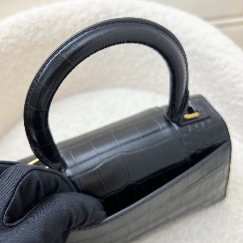 Balenciaga Hourglass XS Top Handle Handbag in Black Crocodile Embossed Calfskin and AGHW