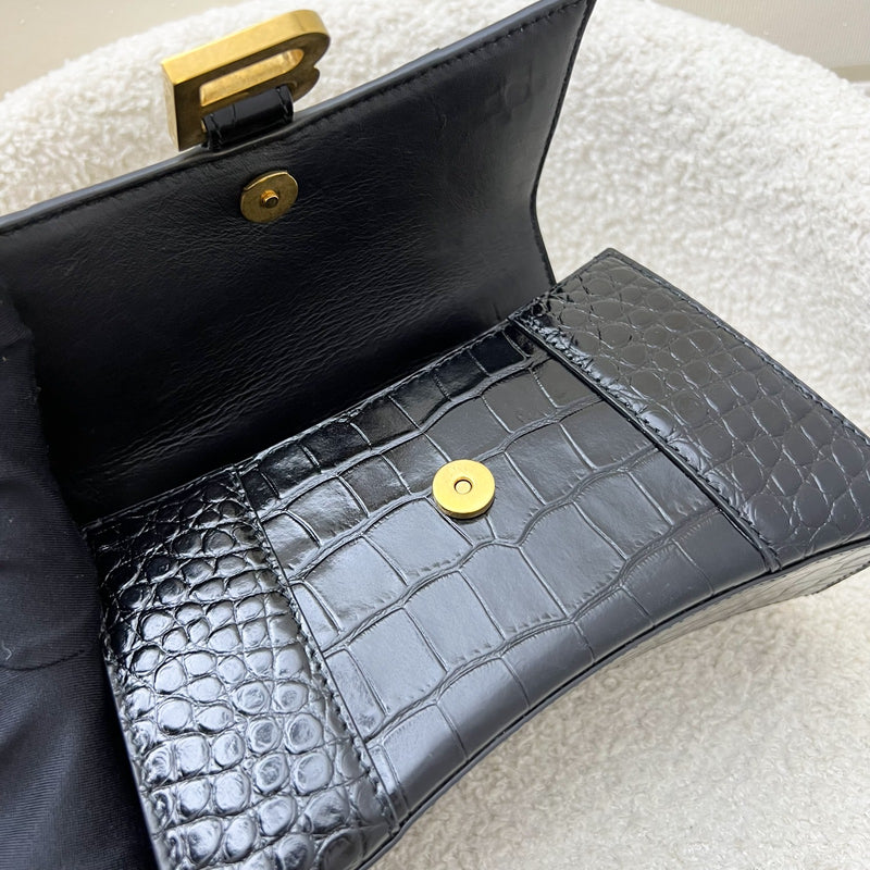 Balenciaga Hourglass XS Top Handle Handbag in Black Crocodile Embossed Calfskin and AGHW
