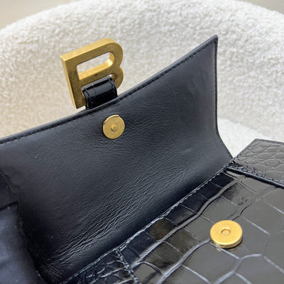 Balenciaga Hourglass XS Top Handle Handbag in Black Crocodile Embossed Calfskin and AGHW