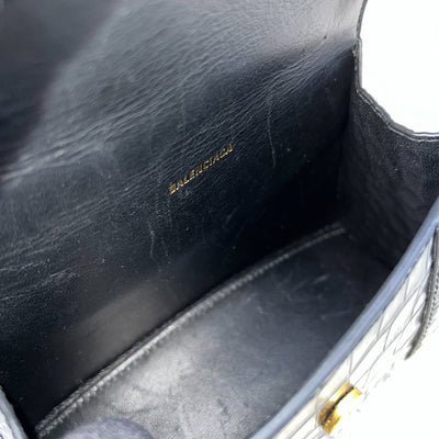 Balenciaga Hourglass XS Top Handle Handbag in Black Crocodile Embossed Calfskin and AGHW