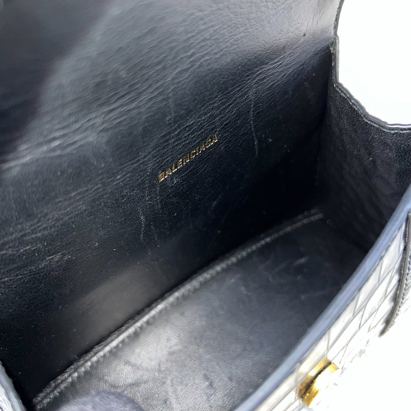 Balenciaga Hourglass XS Top Handle Handbag in Black Crocodile Embossed Calfskin and AGHW