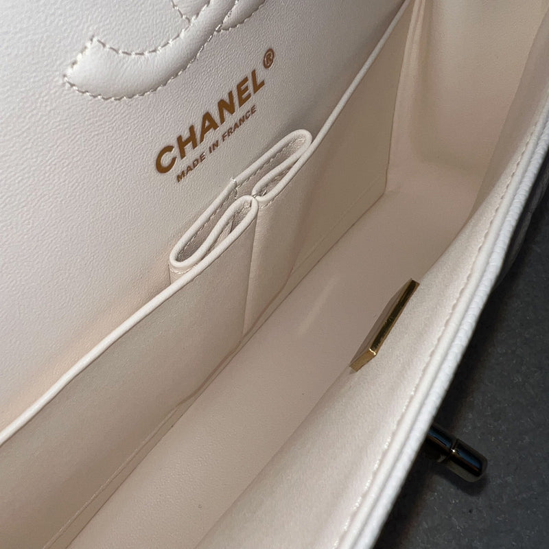 Chanel Small Classic Flap CF in White Caviar and LGHW (Model: A01113)