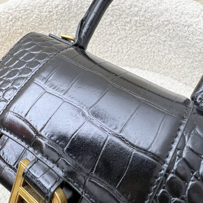 Balenciaga Hourglass XS Top Handle Handbag in Black Crocodile Embossed Calfskin and AGHW