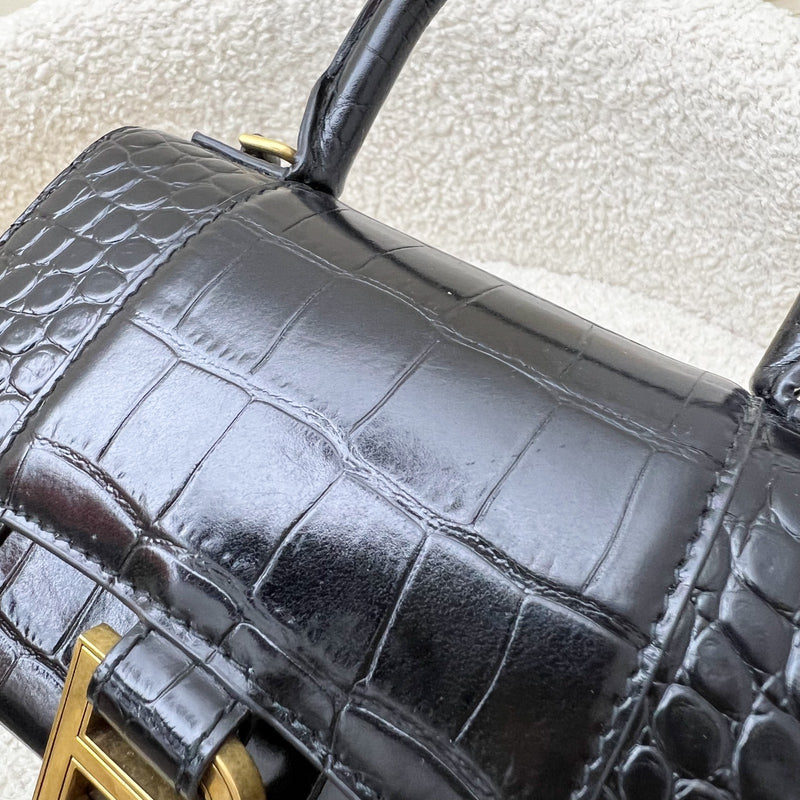 Balenciaga Hourglass XS Top Handle Handbag in Black Crocodile Embossed Calfskin and AGHW