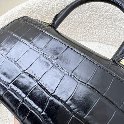 Balenciaga Hourglass XS Top Handle Handbag in Black Crocodile Embossed Calfskin and AGHW