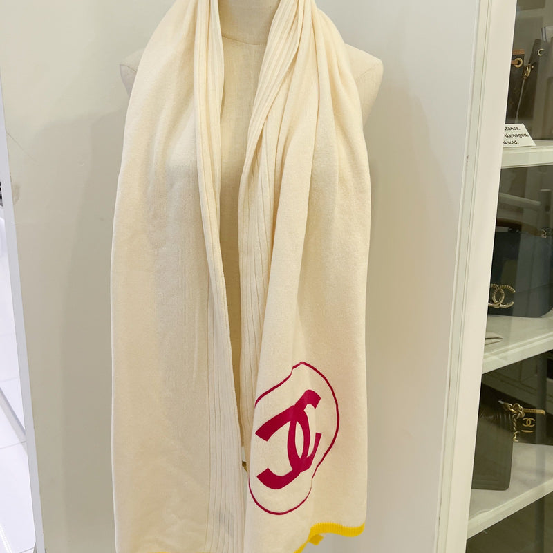 Chanel Scarf / Shawl with Red CC Logo in Cream 100% Cashmere