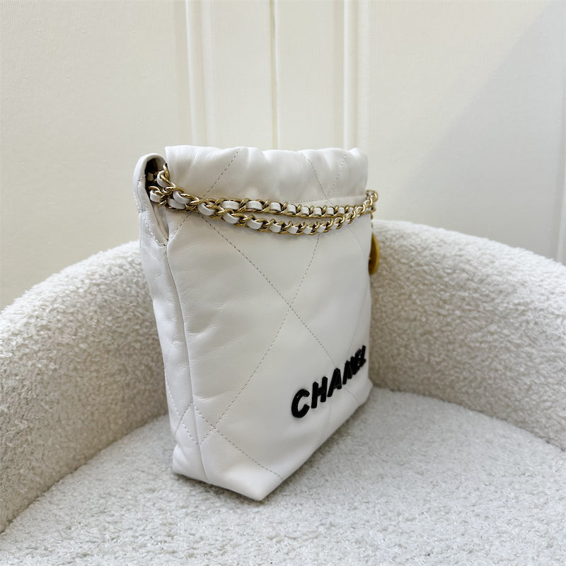 Chanel 22 Mini Hobo Bag in White Calfskin and GHW with Black Logo