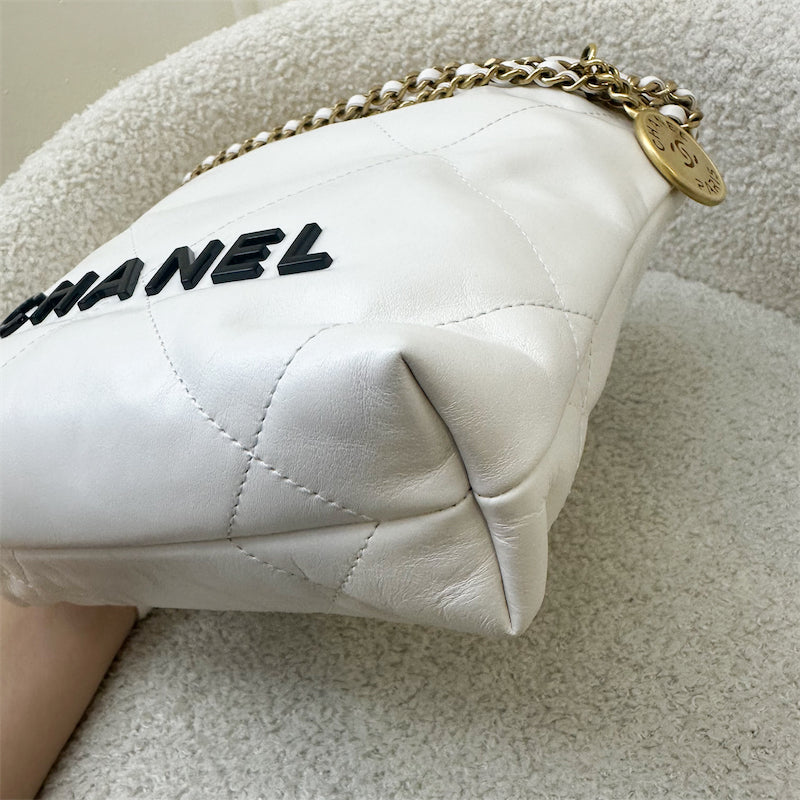 Chanel 22 Mini Hobo Bag in White Calfskin and GHW with Black Logo