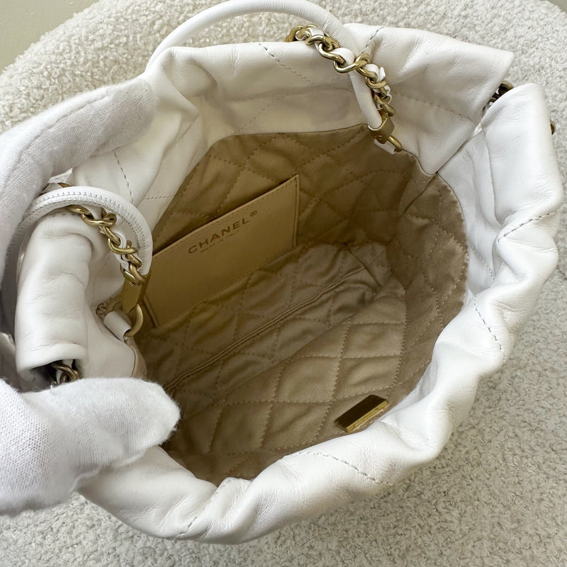 Chanel 22 Mini Hobo Bag in White Calfskin and GHW with Black Logo