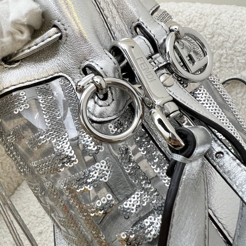 Fendi Mini Mon Tresor Bag in Metallic Silver Leather and Clear Plastic with FF Logo Silver Sequin