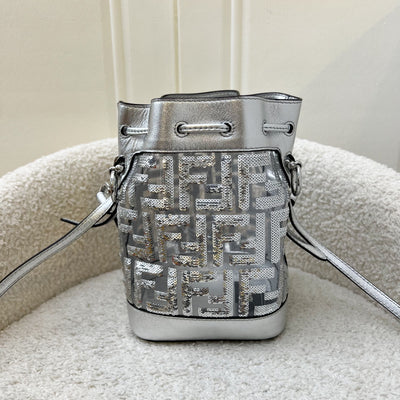 Fendi Mini Mon Tresor Bag in Metallic Silver Leather and Clear Plastic with FF Logo Silver Sequin