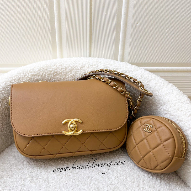 Chanel 19K Seasonal Flap Bag With Coin Purse in Dark Beige Calfskin and AGHW