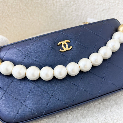 Chanel Double Zip Clutch with Pearls in Metallic Blue Goatskin and GHW