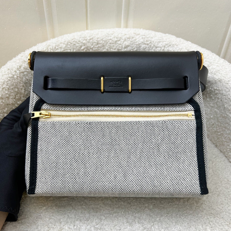 Hermes Mini Herbag Retourne in Ecru-Noir (Natural-Black) Toile H Viking Canvas, Noir (Black) Vache Hunter Leather and GHW