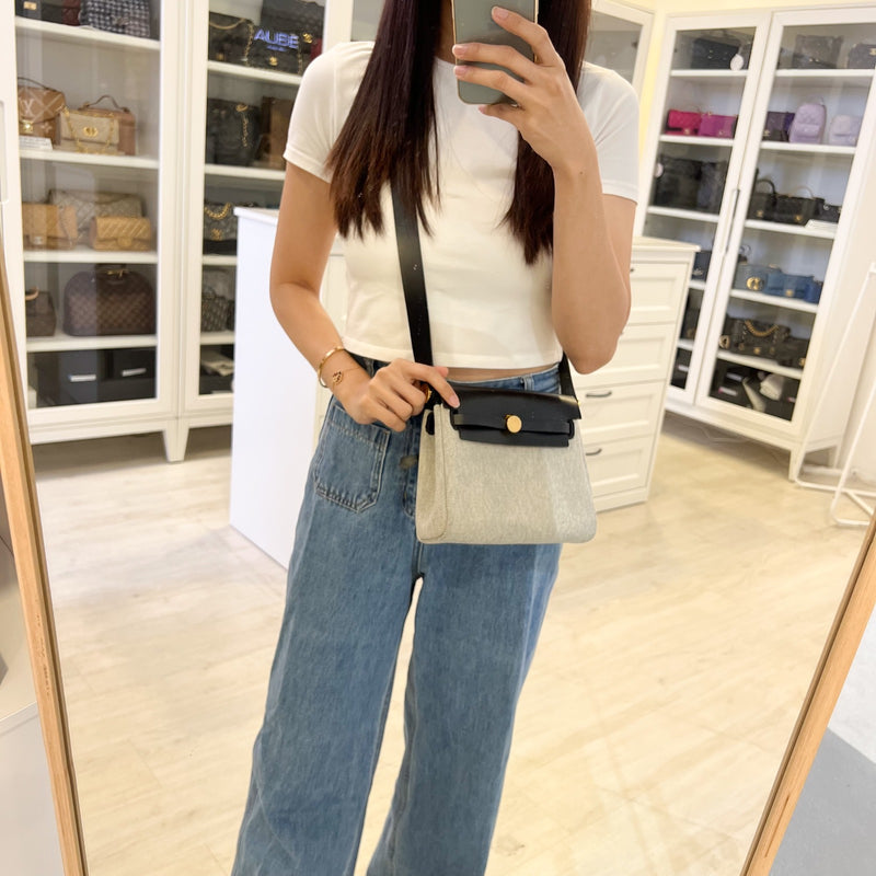 Hermes Mini Herbag Retourne in Ecru-Noir (Natural-Black) Toile H Viking Canvas, Noir (Black) Vache Hunter Leather and GHW