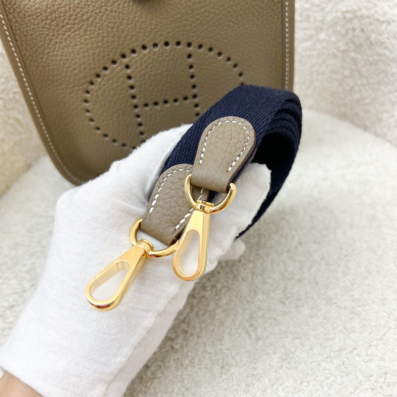 Hermes Mini Evelyne TPM in Etoupe Clemence Leather with Bleu Indigo Strap and GHW