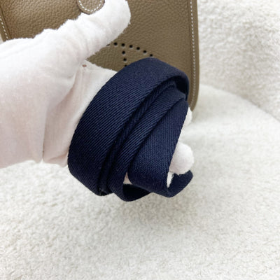 Hermes Mini Evelyne TPM in Etoupe Clemence Leather with Bleu Indigo Strap and GHW