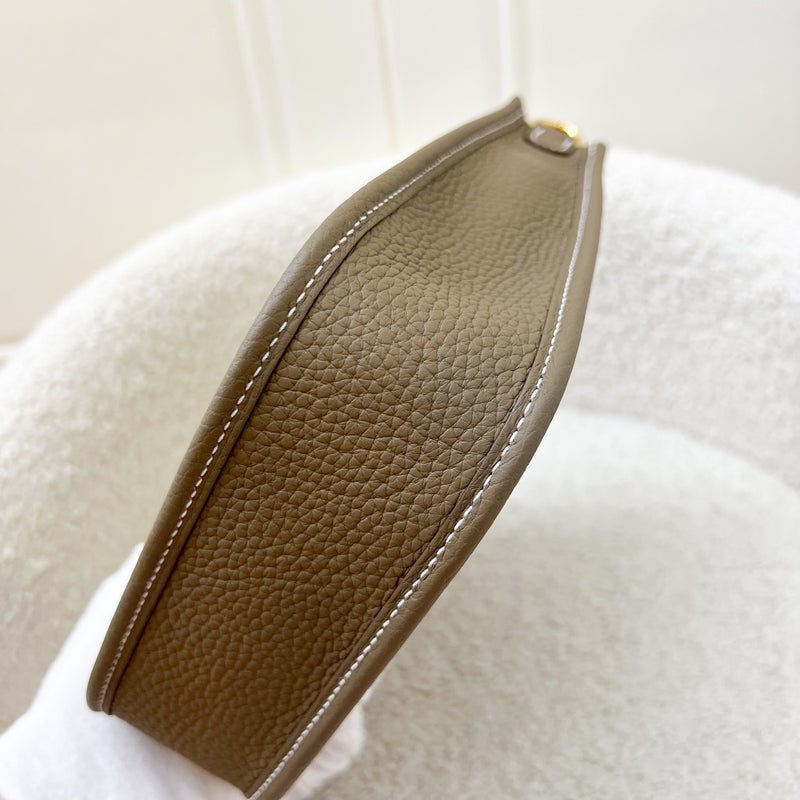 Hermes Mini Evelyne TPM in Etoupe Clemence Leather with Bleu Indigo Strap and GHW