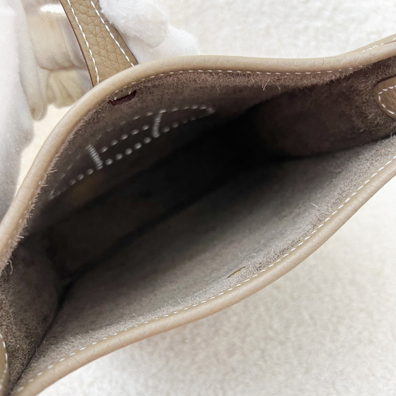 Hermes Mini Evelyne TPM in Etoupe Clemence Leather with Bleu Indigo Strap and GHW