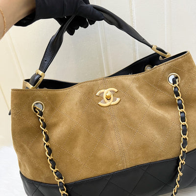 Chanel 25A Two-Tone Tote Bag in Beige Suede, Black Calfskin and AGHW