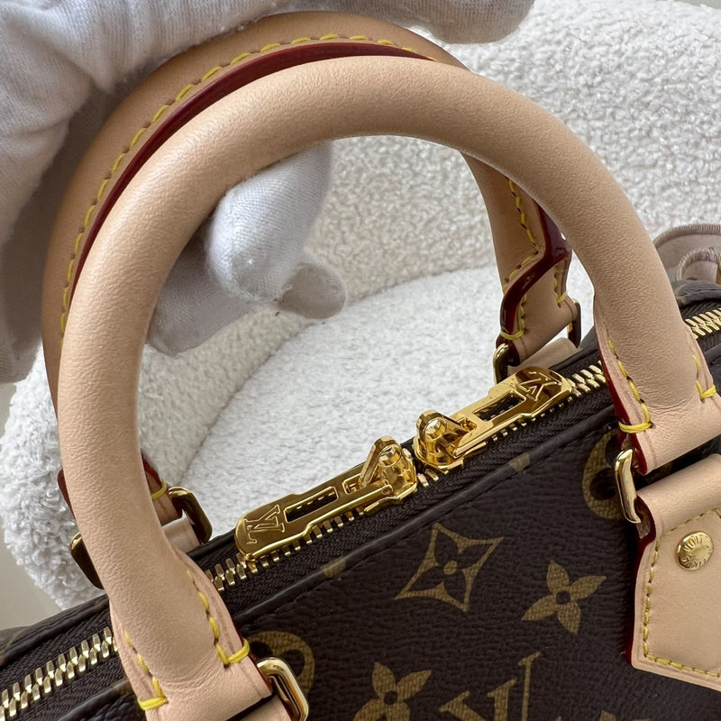 LV Speedy Bandouliere 20 in Monogram Canvas and Beige Patterned Strap