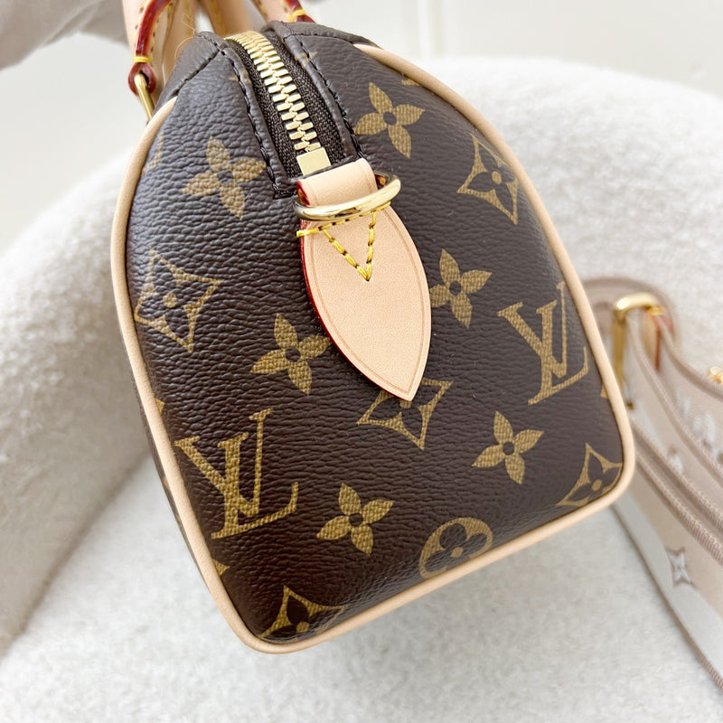 LV Speedy Bandouliere 20 in Monogram Canvas and Beige Patterned Strap