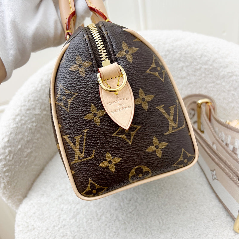 LV Speedy Bandouliere 20 in Monogram Canvas and Beige Patterned Strap