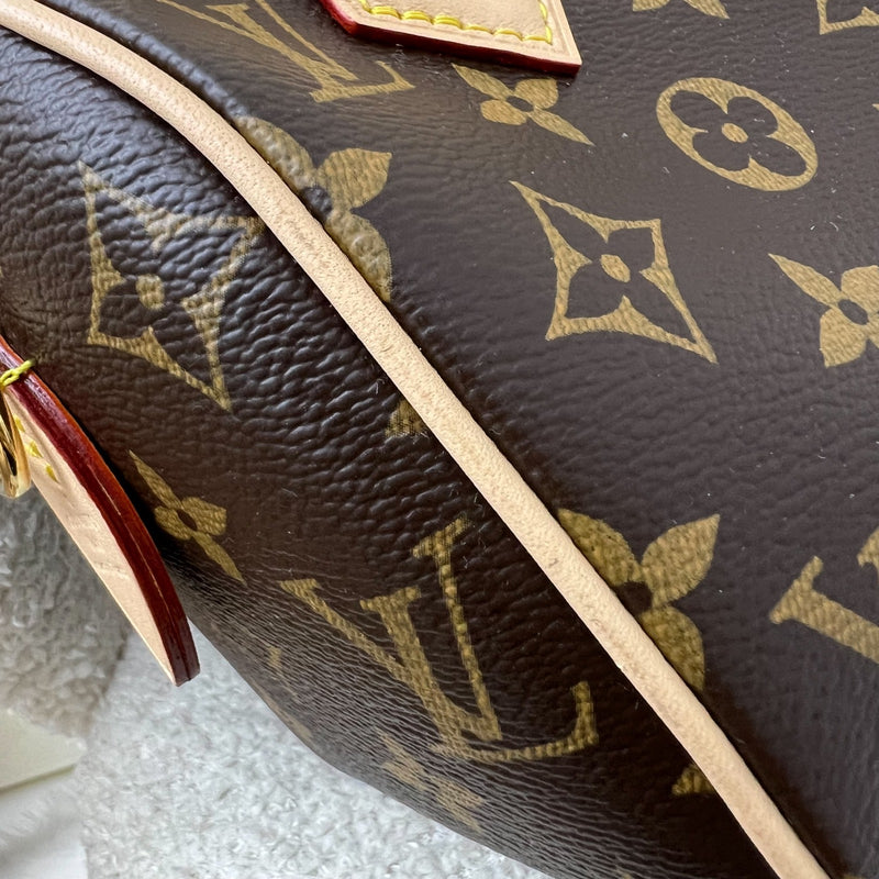 LV Speedy Bandouliere 20 in Monogram Canvas and Beige Patterned Strap