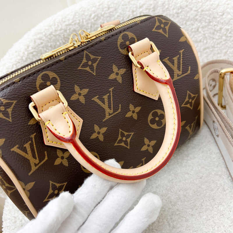 LV Speedy Bandouliere 20 in Monogram Canvas and Beige Patterned Strap