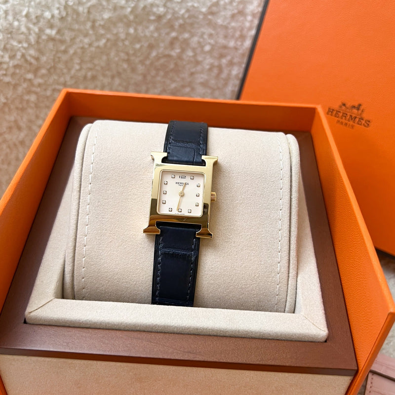 Hermes Heure H PM Watch with Diamond Markers, Gold Plated Case with Rose Pale and Dark Blue Alligator Strap