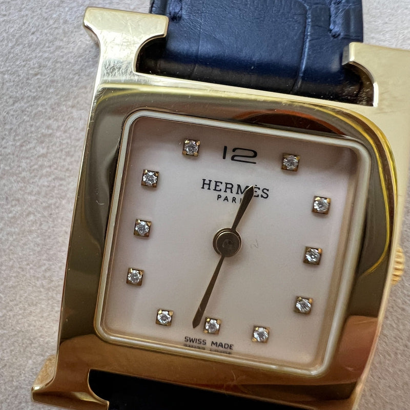 Hermes Heure H PM Watch with Diamond Markers, Gold Plated Case with Rose Pale and Dark Blue Alligator Strap