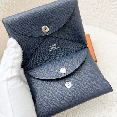 Hermes Calvi Duo Card Holder in Bleu Indigo Epsom Leather