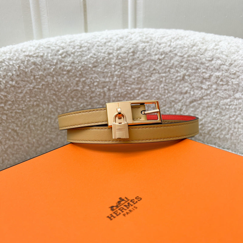 Hermes Lucky 15 Reversible Belt in Natural Sable Swift, Orange Epsom Leather and RGHW Sz 75